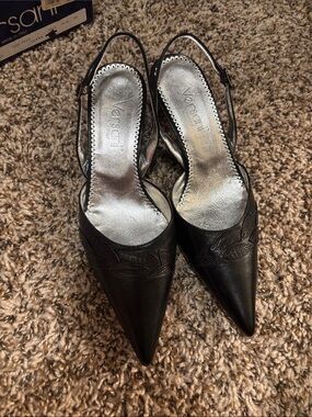 Versani Black Pointed Toe Slingback Heels with Silver Insole